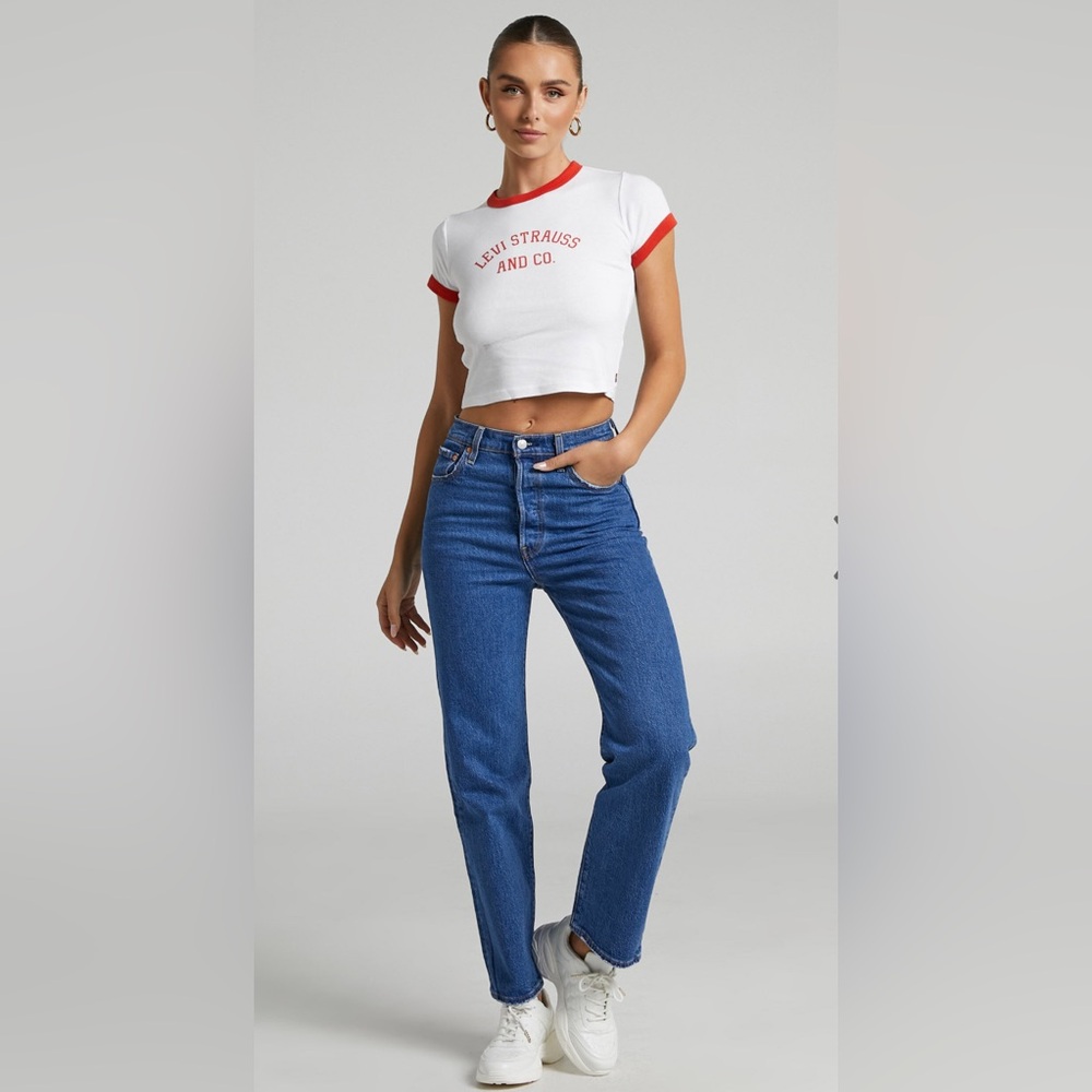 Levi's Ribcage Straight button fly jeans in distressed blue